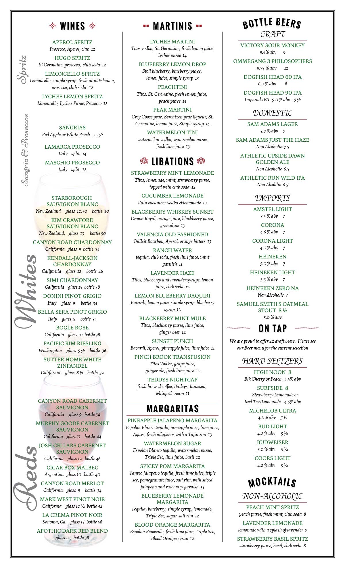 Drink Menu for Thirsty Turtle in Florham Park, NJ