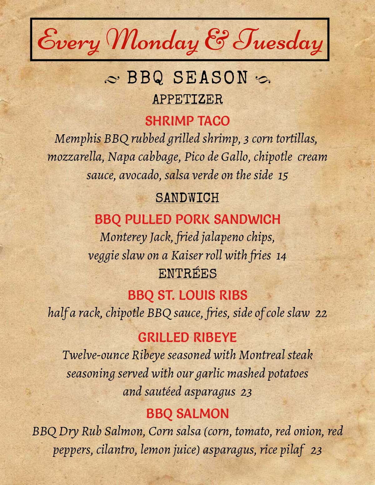 Join Us Monday &Tuesdays For Our BBQ Specials!