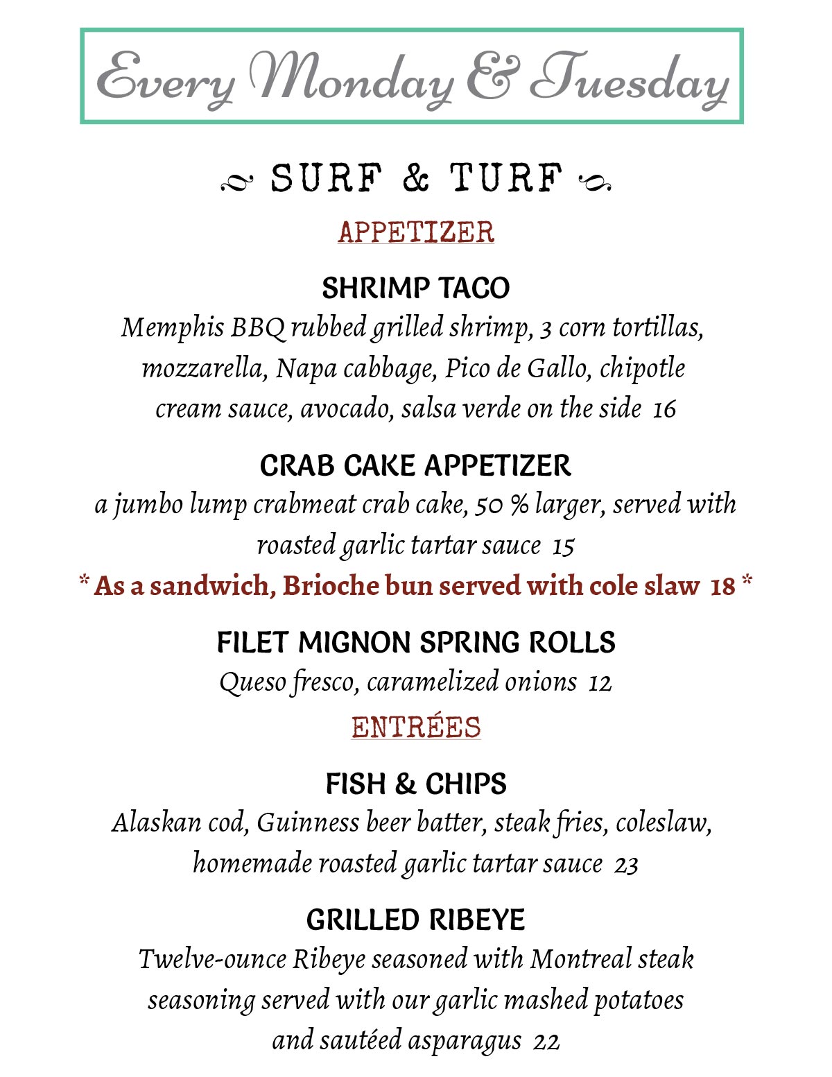 Join Us in Florham Park on Monday &  Tuesday for Surf & Turf Specials 