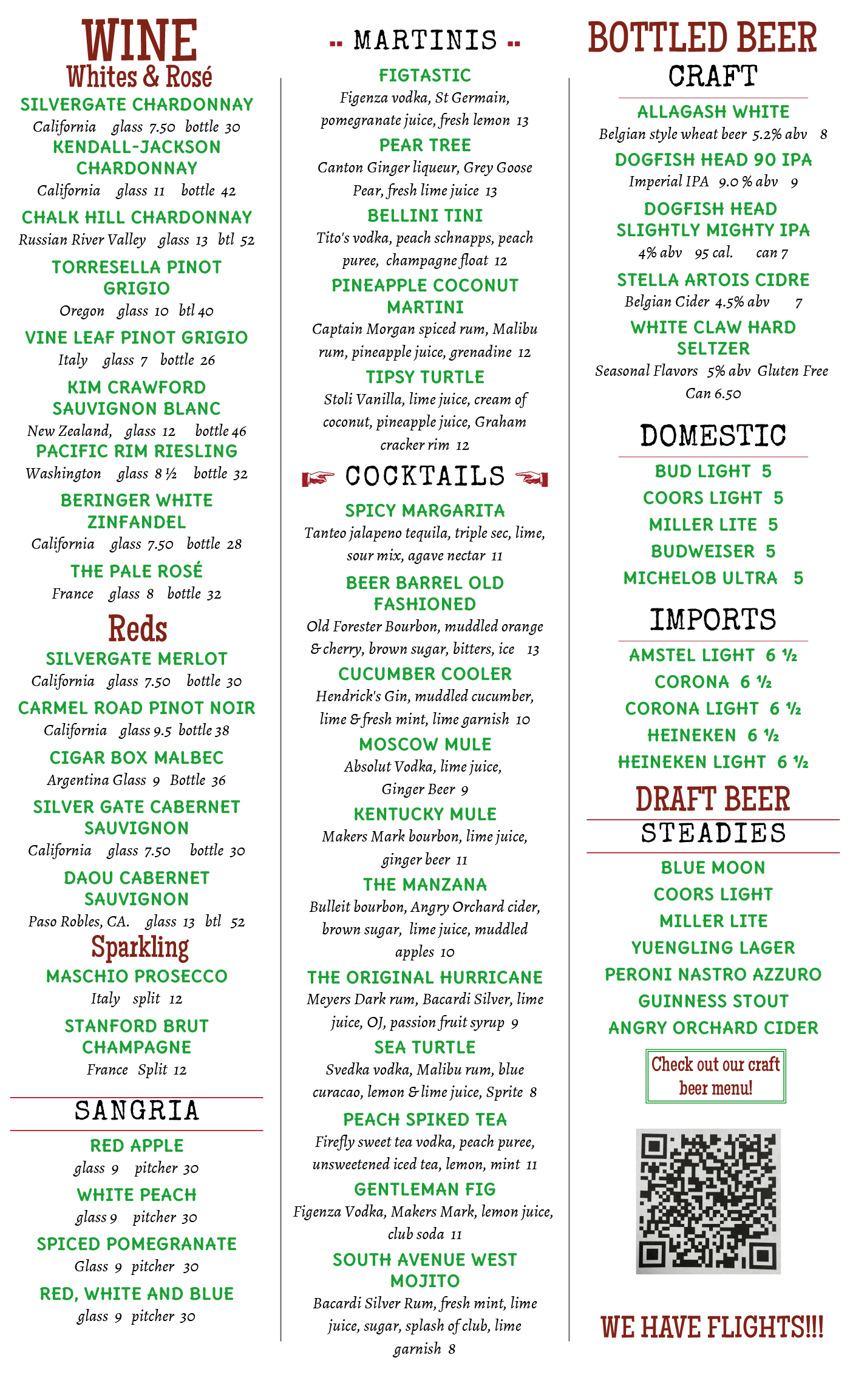 Cranford Drink Menu