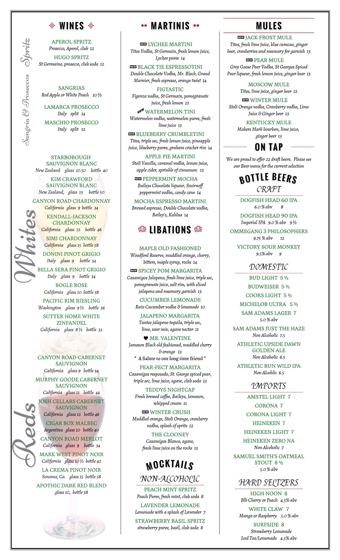 Drink Menu for Thirsty Turtle in Florham Park, NJ